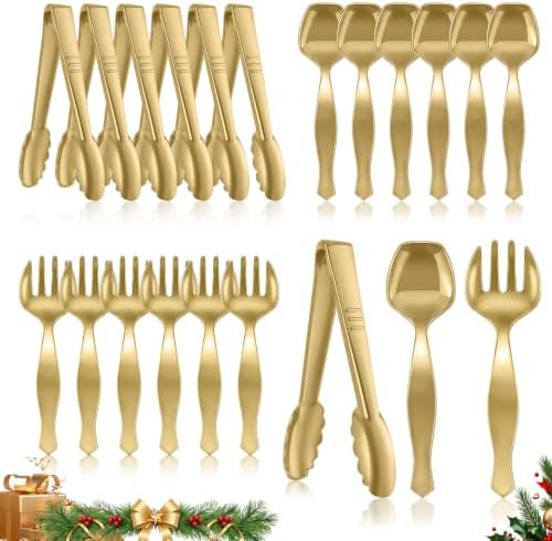 Mwellewm Gold Plastic Serving Utensils Set, Disposable Tong Serving Spoons