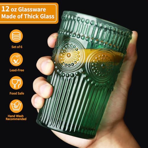 Loivttvv 6pcs Vintage Drinking Glasses Set, 12 oz Dark Green Highball Glasses, Embossed Ribbed Glassware Cups for Cocktail, Water, Juice, Coffee, Whiskey
