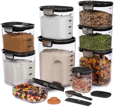 ProKeeper+ Airtight Food Storage Container Set – Clear Plastic Flour and Sugar Canister Set with Magnetic Accessories for Kitchen Organization (Black, 13-Piece)
