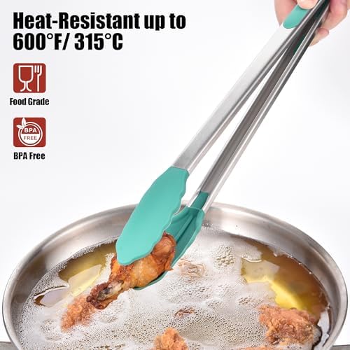 Doosu Kitchen Tongs with Silicone Tips for Cooking Serving (16in, Aqua Sky)