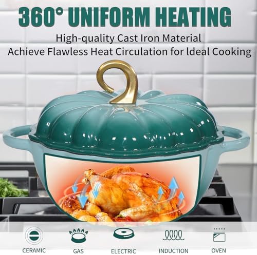 Pumpkin Enameled Cast Iron Dutch Oven with Lid, 4.5 QT Dual Handles and Heavy Duty Pot, Oven Safe up to 500°F for Bread Baking, Braising, Cooking and Family Gifts, Cyan