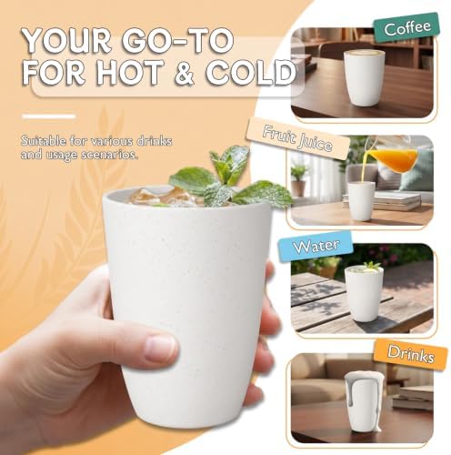 Wrova Wheat Straw Cups Set of 6 Good Alternative to Plastic Cups Reusable 12 oz Unbreakable Drinking Cup Reusable Dishwasher Safe Water Plastic Kitchen Glasses - White