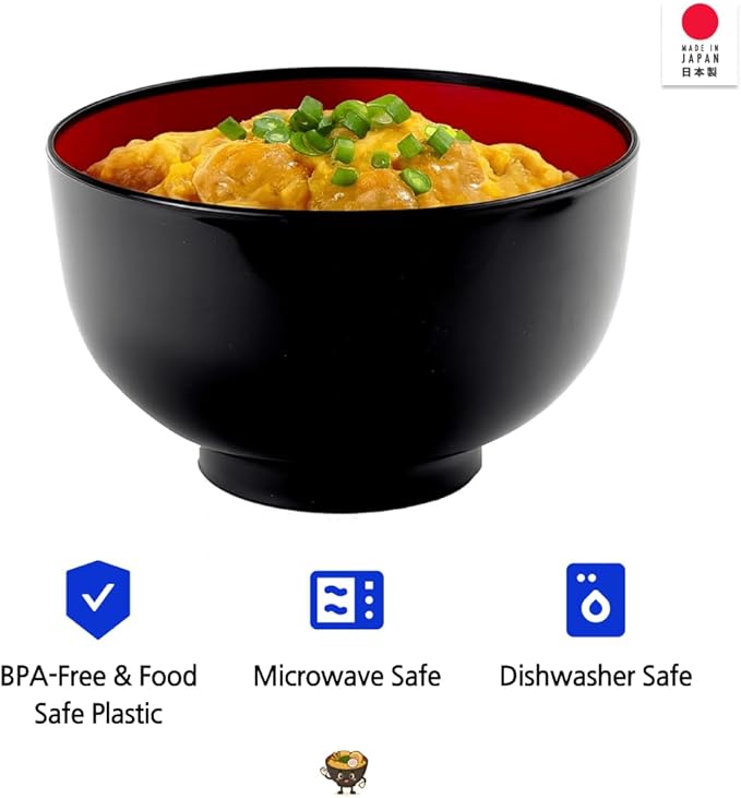 JapanBargain, 10-Pack Authentic Japanese Plastic Ramen Bowl, Black and Red Lacquered Style Noodle Soup Bowl, Made in Japan, Food Safe BPA Free, Microwave and Dishwasher Safe, 38 oz