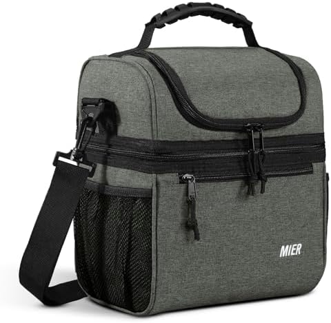 MIER Insulated Lunch Box Bags for Men Women, Dual Compartment, Grey
