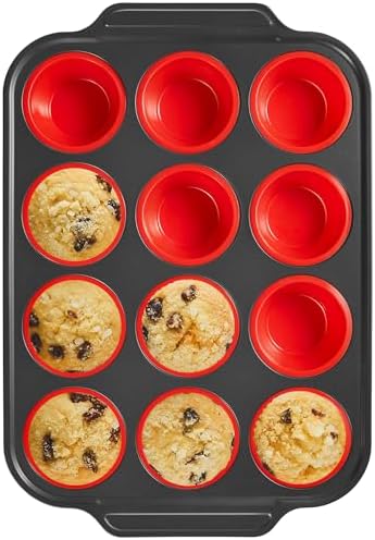 BRONYPRO Silicone Muffin Pans for Baking with Metal Frame, Egg Bite Molds, Cupcake Pans 12 Regular Size, Muffin Tins Easy to Pop Nonstick Non Toxic Bakeware for Oven, Red