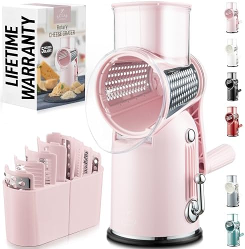 Rotary Cheese Grater Manual Hand Crank 5 Blade Shredder, Classic Pink