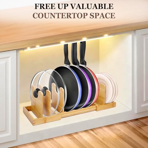 Bamboo Expandable Pot Lid Organizer, Pots and Pans Holder Rack for Cabinet