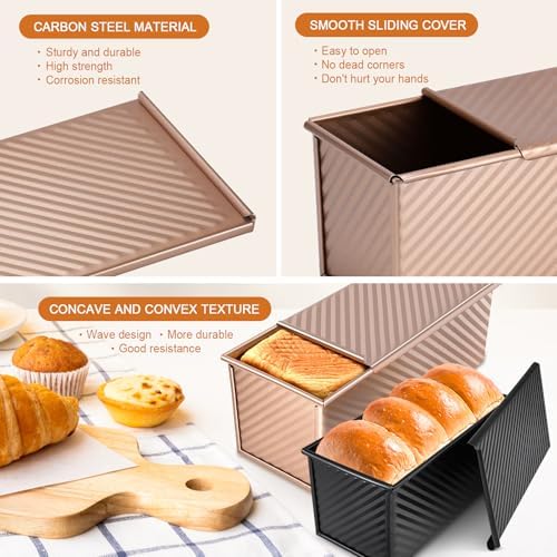 3Pack Pullman Loaf Pans with Lids – 2.2 LB & 1 LB & 1 LB Dough Capacity, Non-Stick Carbon Steel Bread Pans for Homemade Sandwich and Sourdough Bread, Corrugated Toast Mold