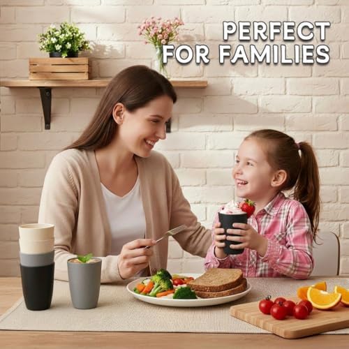 Wrova Wheat Straw Cups Set of 6, 12 OZ Plastic Cups Reusable Kitchen Cups,Dishwasher Safe Water Cups for Kids, Unbreakable Drink Cups for Juice,Ice Coffee,Tea- Black & Gray