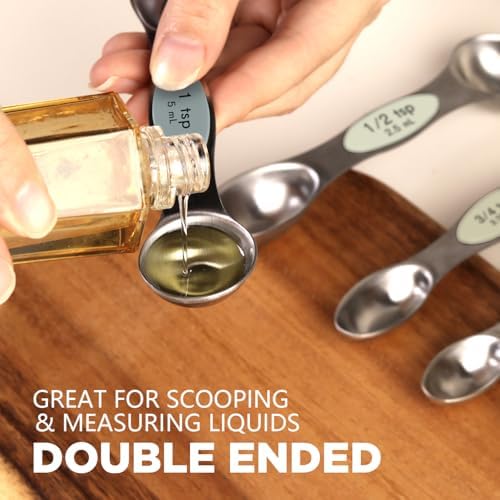ChefAide Set of 8 Magnetic Measuring Spoons, Stainless Steel, Dual Sided