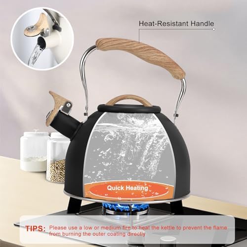 Tea Kettle, Vegoran 100 OZ / 3 Liter Whistling Tea Kettle, Tea Pots for Stove Top Food Grade Stainless Steel with Wood Pattern Folding Handle, Loud Whistle Kettle for Tea, Coffee, Milk (Black)