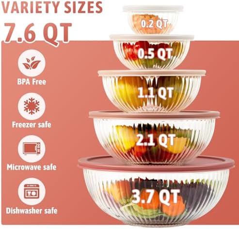 Glass Mixing Bowls with Lids Sets, 5 PCS Serving Bowls for Party or Kitchen