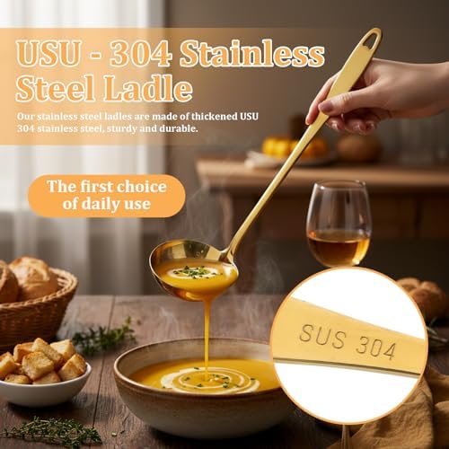 Gold Ladle, 304 Stainless Steel Gold Ladle 11.4" Long Handle Kitchen Metal Ladel Large Serving Spoon for Cooking, Serving, Stirring, Canning