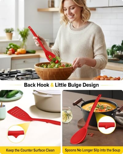 BUNDLEPRO Silicone Cooking Utensils Set, 4 Pcs Spatula and Spoon Set, Red