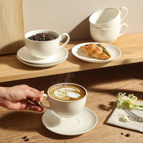 12 oz Cappuccino Cups with Saucers, Ceramic Coffee Cups Set of 4, White Latte Cup and Saucer, Elegant Tea Mugs Set, Microwave Dishwasher Safe Drinkware for Cafe, Housewarming Gift