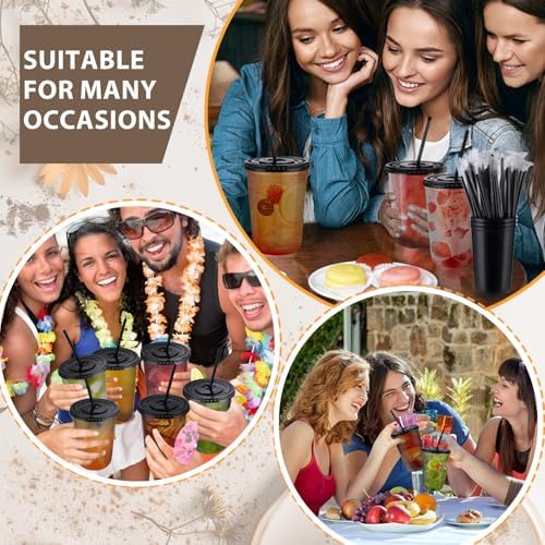 tchrules 50 Set 16oz Black Plastic Iced Coffee Cups with Lids and Straws