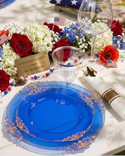 Nervure 350Pcs Blue Plastic Plates, Plastic Dinnerware Set for 50 Guests
