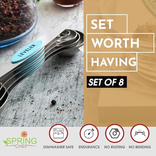 Spring Chef Stainless Steel Magnetic Measuring Spoons Set of 8, Aqua Sky