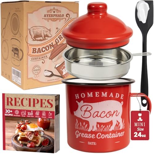Ayerphalo Bacon Grease Container with Strainer - With Food-Grade Silicone Spatula, 24oz Enamel Rustic Farmhouse Fat Container, Keeper, Recipes, Dishwasher Safe