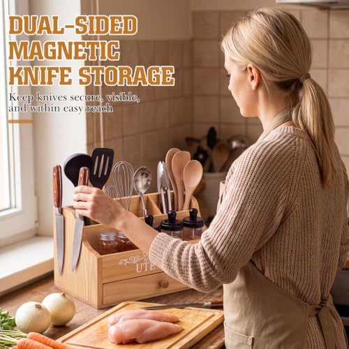 Wooden Kitchen Utensil Holder with Magnetic Knife Block, Natural