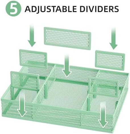 Marbrasse 2 Pack Desk Drawer Organizer, Mesh Drawer Organizer Tray with 8 Adjustable Compartments, Desk Organizers and Accessories, 5 Dividers Drawer for Office Supplies, Makeup & Vanity (Green)