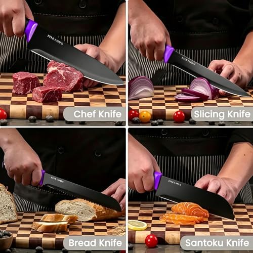 14 Pcs Kitchen Knife Block Set with Sharpener German High Carbon Stainless Steel Chef Knives, Razor-Sharp & Durable, Lightweight Anti-Slip Handle, Professional Set for Home & Kitchen (Purple)