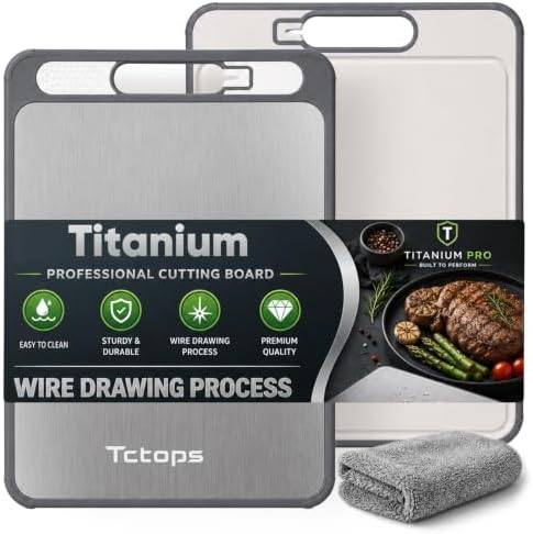 Titanium Cutting Board for Kitchen, Double-Sided Titanium and PP Cutting Board with Knife Sharpener, Grinding Area, Juice Groove, Kitchen Towel Included, Large 15" × 10.4", Easy-Clean Chopping Board