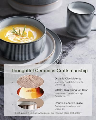 Famiware Star Stoneware Dinnerware Sets for 8, Reactive Glaze Plates, Bowls