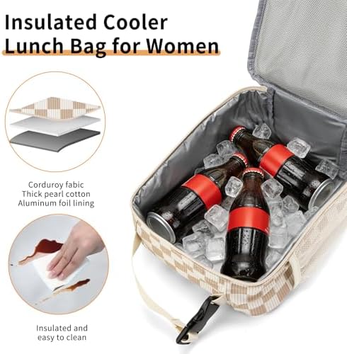 Lunch Box for Women Men Adult Insulated Lunch Bag Women Men Small Reusable Lunchbox for Work Picnic Travel (Beige-Brown Plaid)