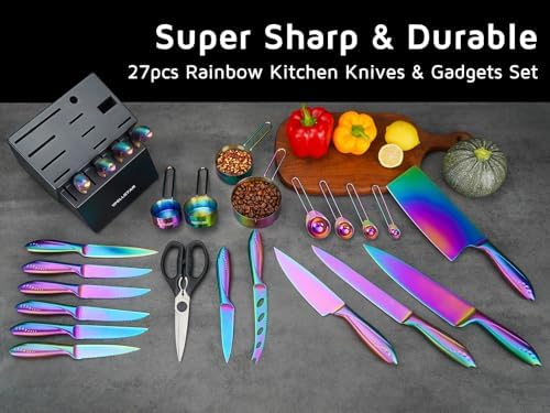 Rainbow Knife Block Set 27-Piece, Iridescent German Stainless Steel Kitchen Knives Set with Wooden Holder, Colorful Titanium Coating, Include Scissors and 2-Stage Built-in Sharpener and 8pcs Gadgets