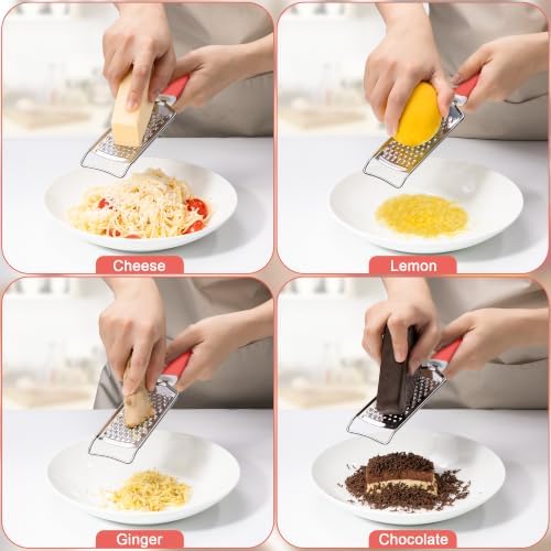 Rainspire Professional Cheese Graters for Kitchen Stainless Steel Handheld, Metal Lemon Zester Grater With Handle For Cheese, Chocolate, Spices, Kitchen Gadgets Tools, Soft Grip Handle (Coral)