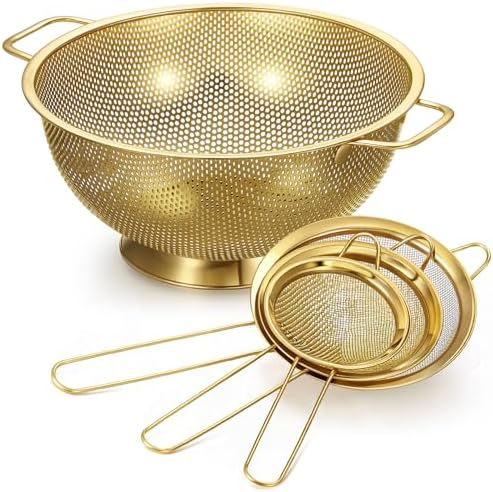 Norme 7 Quart Gold Colander and 3 Metal Fine Mesh Strainer Set