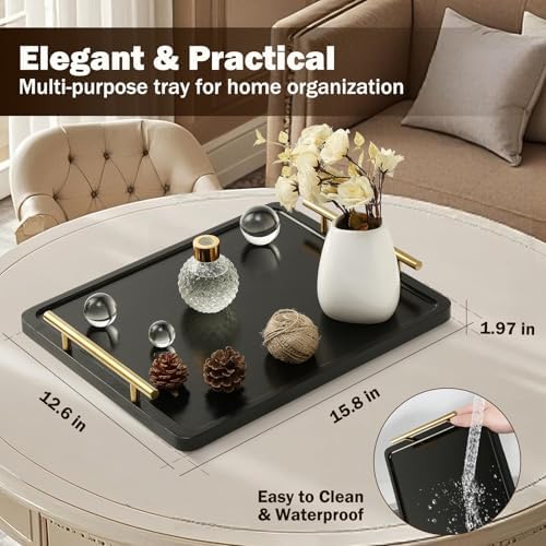 PEKER Wooden Serving Tray with Metal Handles, Black Decorative Coffee Table Tray for Breakfast in Bed, Ottoman & Home Décor, Wooden Food Tray for Kitchen, Living Room & Dining Table