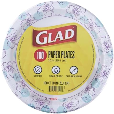 Glad Round Disposable Paper Plates, Blue Flower, 10 Inch 100 Count