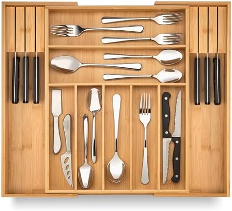 Purawood Bamboo Drawer Organizer with Knife Blocks - Silverware Organizer & Utensil Drawer Organizer, Cutlery Tray with Dividers, 7-9 Slots- Premium Kitchen Organizer for Utensils & Flatware (Natural)
