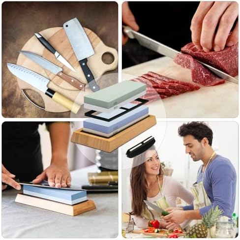 Whetstone Knife Sharpening Stone Kit: Double Straight Chef Sharpener Set - 200/800 1000/6000 Coarse Fine Grit kitchen Professional 2 Sided Honing Wet Stones Slip-Resistant Bamboo Base and Angle Guide