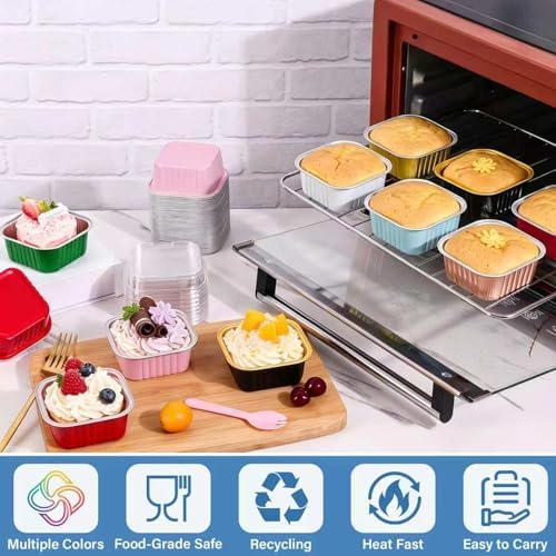 50 Pack Mini Cake Pans With Lids And Spoons,5oz Square Aluminum Foil Brownie Baking Cups,Small Cake Tins,Individual Cake Pans With Lids for Wedding Birthday Party (Blue)