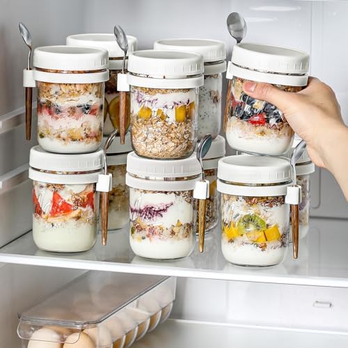 LANDNEOO 4 Pack Overnight Oats Containers with Lids and Spoons, 16 oz Glass Mason Jars with Airtight Lids, Overnight Oats Jars for Milk, Cereal, Fruit-White