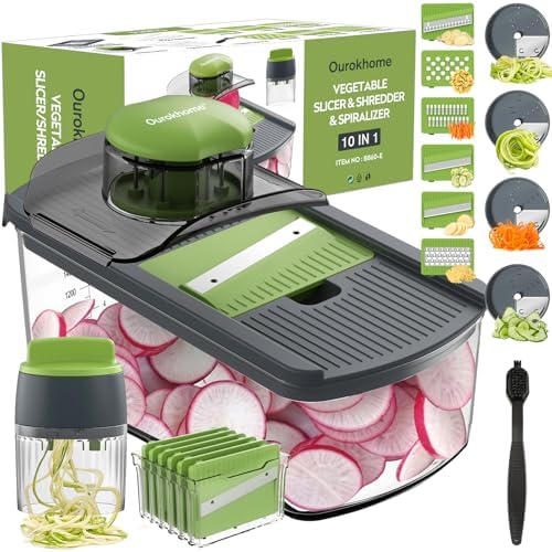 Ourokhome Mandolin Slicer with Handheld Spiralizer, Hand Safe Vegetable Shredder with 6 Mandoline Blades, Veggie Waffle Cutter for Potato, Carrot, Zucchini, Essential Kitchen Gadgets (10 in 1, Gray)
