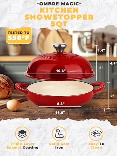 Dutch Oven Bread Baking Pot with Lid 6QT Enameled Cast Iron Oven, Gradient Red Design & Complete Sourdough Kit (Banneton Basket, Dough Tools, Silicone Sling) for Artisan Bread Making