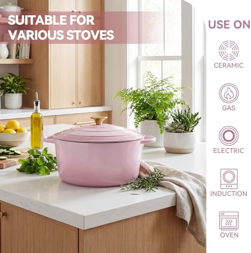 Miereirl 4.5 Quart Enameled Dutch Oven Pot with Lid, Cast Iron Dutch Oven with Dual Handles for Bread Baking, Cooking, Non-stick Enamel Coated Cookware, Pink