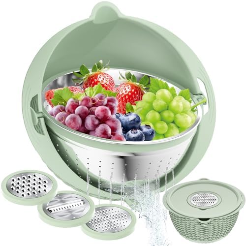 4 in 1 Colander with Bowl Set, Food Strainers and Colanders, Colander for Kitchen, Pasta Strainer, Fruit Washing Bowl, Kitchen Essentials Strainer Basket Bowl, Green, Christmas & New Year Gifts