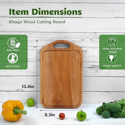 VieWood Khaya Wood Cutting Board, Wooden Chopping Board with Juice Groove & Handle Hole for Meat, Cheese, Vegetables, Bread, and Charcuterie (Japanese Style)