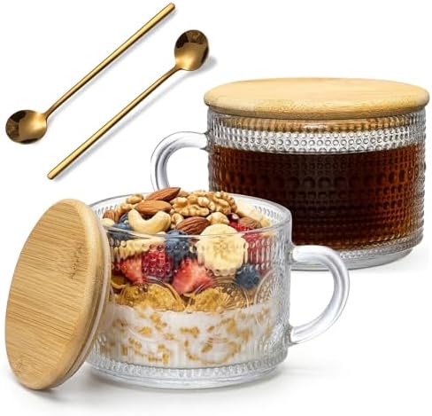 DOPUDO Vintage Glass Coffee Mugs, Overnight Oats Containers With Lids,Glass Cup With Sealed Lid and Spoon,Glass Coffee Mugs, Coffee Bar Accessories, Ideal for Cappuccino, Latte(2-Pack,14oz)