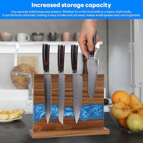 Magnetic Knife Block | Double Sided Magnetic Knife Holder | Acacia Wood Magnetic Knife Rack | Magnetic Knife Storage Stand for Kitchen Counter, Blue Resin River, 12.59×9.84IN (No Knife)