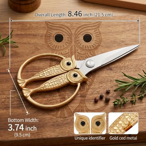 XSNBRD All Purpose Kitchen Scissors, Pearl Gold Stainless Owl Shears.
