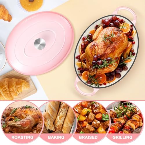E-far 5QT Oval Dutch Oven Pot with Lid, Pink Enameled Cast Iron Dutch Oven