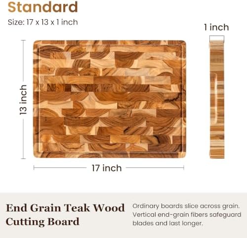 17x13 End Grain Teak Cutting Board with Juice Groove, Non-Slip