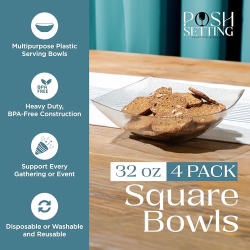 4 Pack Disposable Gold Plastic Serving Bowls Square Party Candy Use 32oz