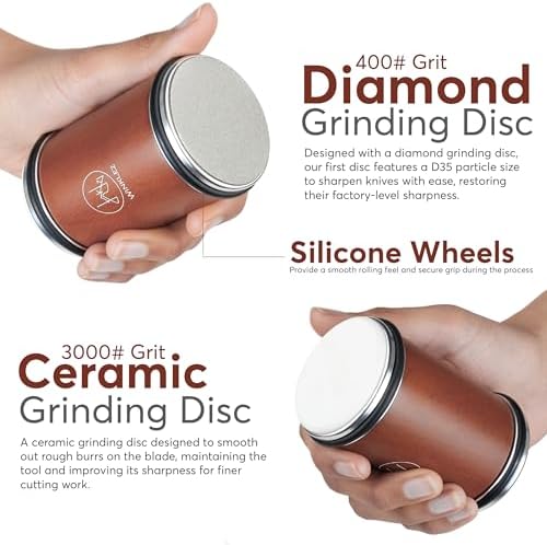 Rolling Knife Sharpener with Diamond and Ceramic Discs, Kitchen Knife Sharpener with 15° & 20° Magnetic Angles, Strong Knife Sharpening Kit (Brown)